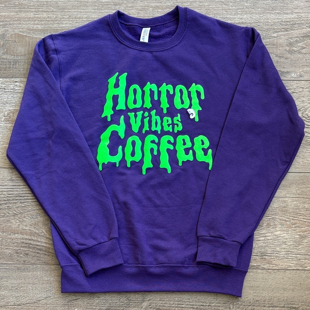 Horror Vibes Coffee Shop Logo Purple Crewneck Sweater Green Slime Puffy Graphic